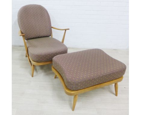 Ercol light elm / beech armchair with stick back and loose cushions, 76 x 71cm together with a matching Ercol footstool (2) 