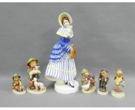 Five Hummel figures and a Continental pottery figure of a girl in blue and white dress (6) 