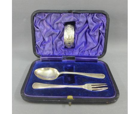 Victorian silver three piece Christening set, Levi &amp; Salaman,  Birmingham 1898, comprising teaspoon, fork and napkin ring