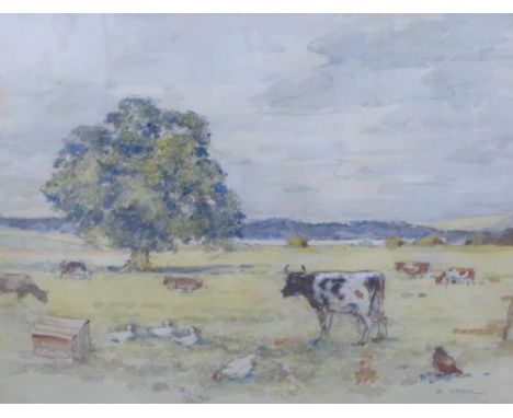 R. Eadie,  Cows  and chickens,  watercolours, signed,  in a glazed and giltwood frame,  24 x 27cm 