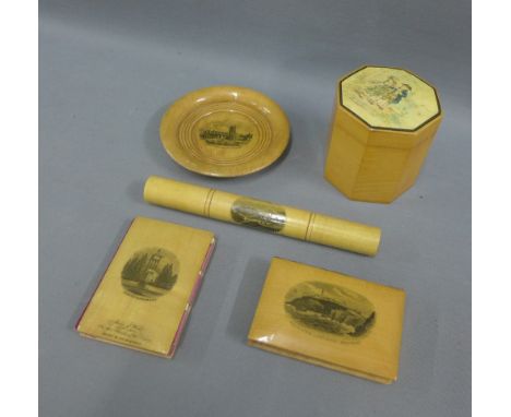 A collection of Mauchline Ware to include two notebooks, an octagonal box, and a small plate, etc (5)