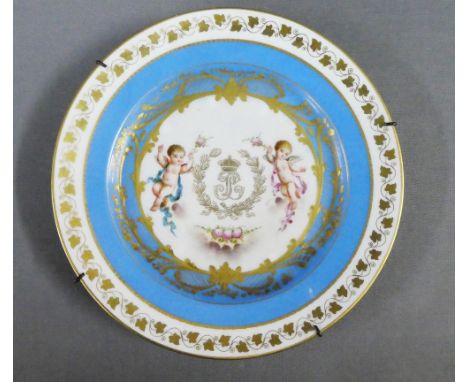 Sevres porcelain cabinet plate with handpainted putti pattern within a bleu ciel border with gilt ivy leaf rim, printed backs