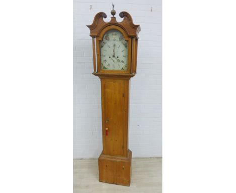 Pine longcase clock, the swan neck above a painted dial with classical urn, flowers and Roman numerals, with two subsidiary d