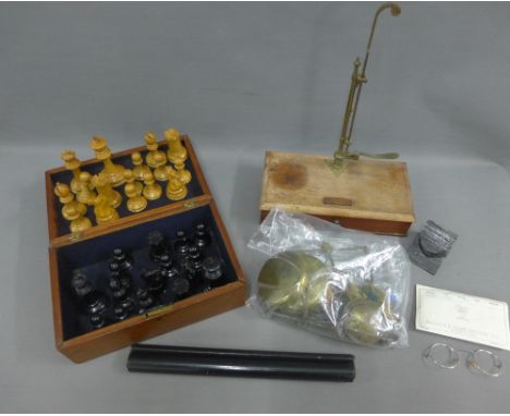 Mixed lot to include a chess set , vintage scales, ebonised paper roller etc (a lot) 