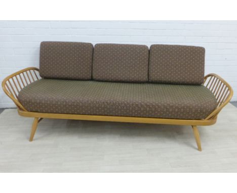 Ercol light elm and beech three seater day bed / sofa with solid plank back and three loose cushions and one long seat cushio