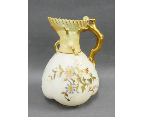 Royal Worcester blush ivory jug, handpainted with flowers and with gilt handle, puce backstamp &amp; Reg No. 167140, shape 15