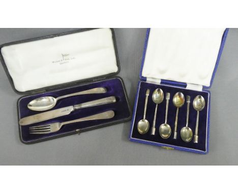 George V silver fork, knife and spoon set, Walker &amp; Hall, Sheffield 1919, in fitted case together with a set of six Birmi