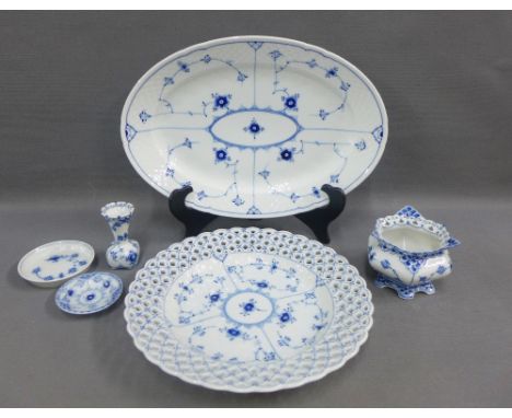 Collection of blue onion patterned porcelains to include Royal Copenhagen plate, small vase and Bing and Grondahl serving dis