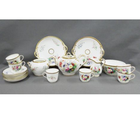 19th century handpainted floral teaset comprising six cups, six saucers, two cake plates, teapot, slop bowl, sugar bowl and m