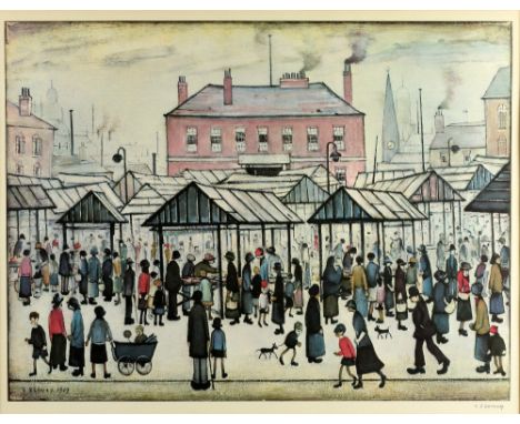 § Laurence Stephen Lowry RBA RA (British, 1887-1976), Market Scene, Print, Northern Town, 1939, pencil signature to the margi