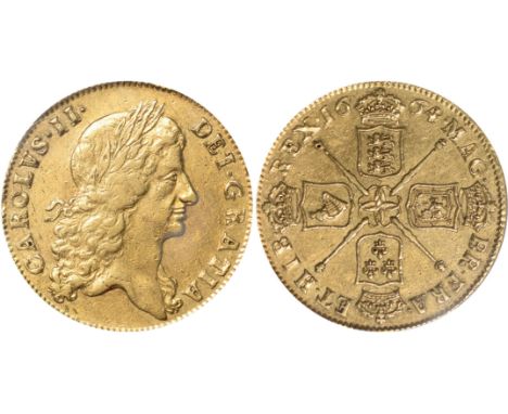 British Coins and Medals, Charles II, two guineas, 1664, first laur. bust r., rev. crowned cruciform shields, sceptres in ang