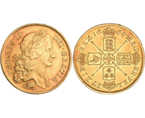 British Coins and Medals, Charles II, two guineas, 1664, first laur. bust r., elephant below, rev. crowned cruciform shields,