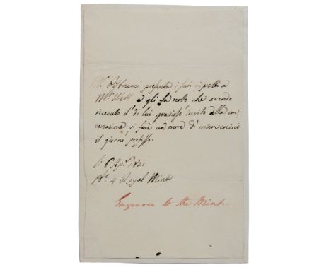 British Coins and Medals, Benedetto Pistrucci (1783-1855), hand-written note in five lines, to a Mr. Webb, dated 6th April, 1