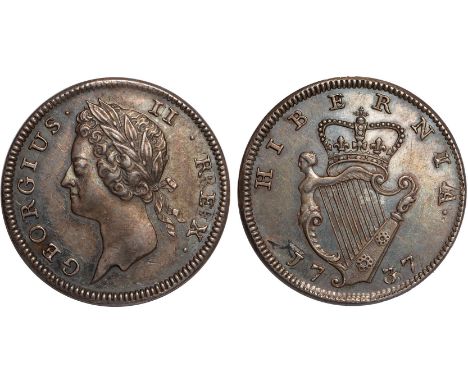 Irish Coins, Ireland, George II, proof farthing, 1737, struck in silver, laureate bust l., reads GEORGIUS, rev. crowned harp,