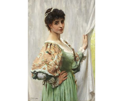 George Percy R. E. Jacomb-Hood (British, 1857-1929)The lady behind the curtainsigned and dated 'GPJACOMB-HOOD/1887' (lower le