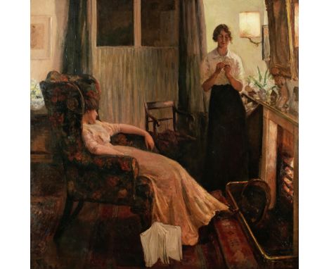 Thomas Cantrell Dugdale (British, 1880-1952)The light of the fire signed 'T C Dugdale' (lower right) oil on canvas  127.3 x 1