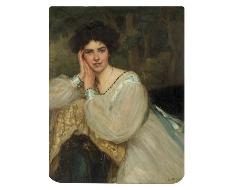 Maud Hall (nee Rutherford) Neale (British, 1888-1956)Portrait of Winifred Leighton Wade, seated in an interior dressed in whi