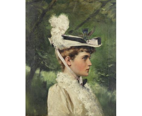 Franz Dvorak (Czech, 1862-1927)Portrait of a lady in white with a hummingbird signed 'Fr.Drořák' (lower left)oil on canvas 48