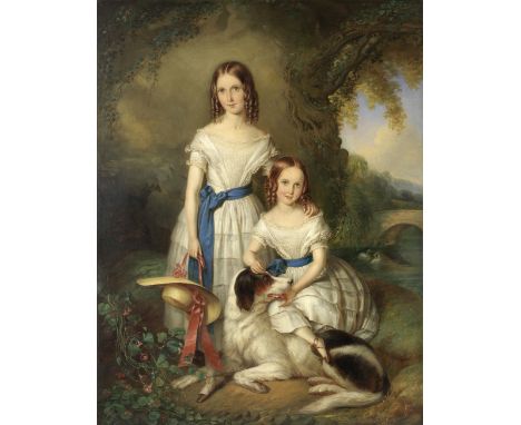 Attributed to Henry Barraud (British, 1811-1874)Portrait of two young girls with their pet dog oil on canvas91.5 x 71.1cm (36