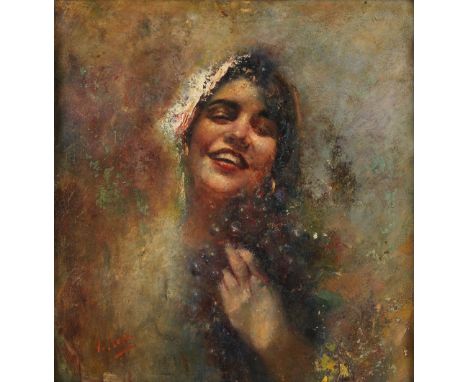 Vincenzo Irolli (Italian, 1860-1945)Portrait study of a girl with grapessigned 'V.Irolli' (lower left) oil on board 54 x 50.1
