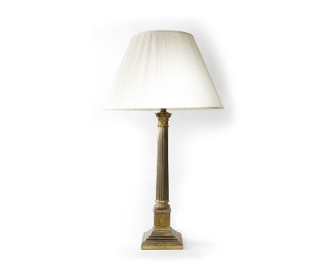 A Victorian Corinthian column table lamp, the fluted stem above laurel wreaths and a beaded stepped base, fitted for electric