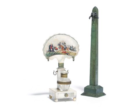 An early 19th century French Palais-Royal mother of pearl and gilt brass scent and ring stand, the back painted with a battle