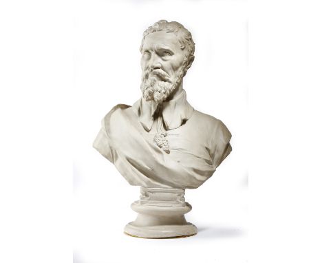 After John Michael Rysbrack (Flemish 1694-1770). A patinated plaster portrait bust of Michelangelo, titled 'MICHELANGELO BUON