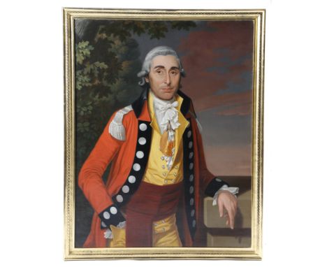 A pair of portraits of a British army officer and a lady in 18th century style, each standing on a balcony at sunset before a