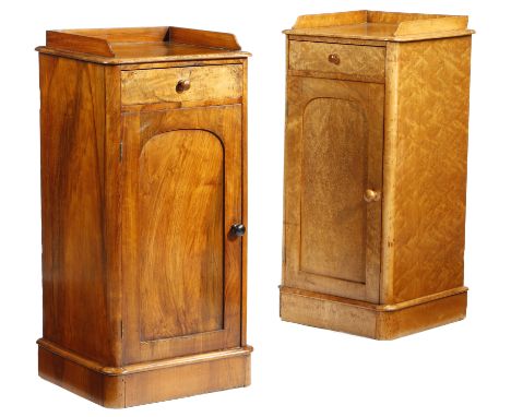 Two Victorian bedside cupboards, one in bird's eye maple, the other in walnut, each with a three quarter gallery above a draw