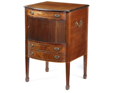 A George III mahogany bedside commode, inlaid with stringing, the crossbanded top above a frieze drawer, above a tambour shut