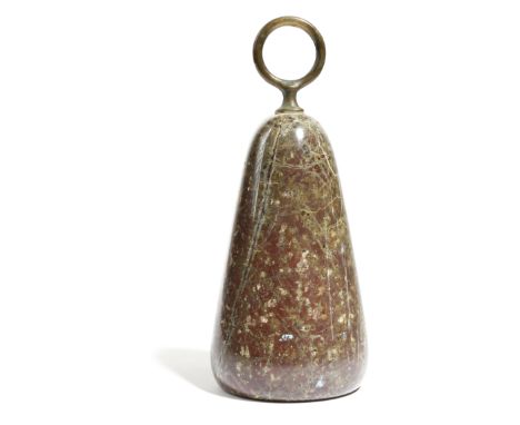 A Victorian serpentine doorstop, with a brass ring handle, probably Cornish, 23cm high.