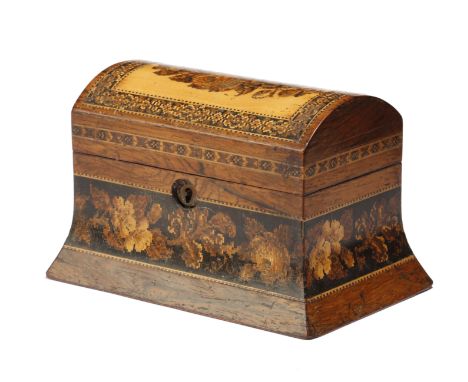 λ A Victorian Tunbridge ware and rosewood sewing box, of sarcophagus shape, inlaid with mosaic floral and parquetry bands, th