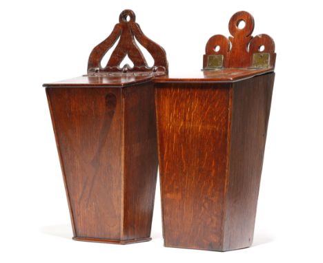 A George III oak hanging cutlery box, the pierced back above a hinged lid, the front inlaid with fruitwood with a knife and f