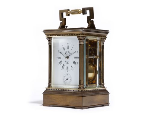 A modern French brass repeating carriage clock by L'Epée, with a platform lever escapement striking on a gong, the backplate 