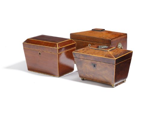 A Regency partridgewood tea caddy, of sarcophagus shape, with a twin lidded interior with bone handles, with brass ring handl