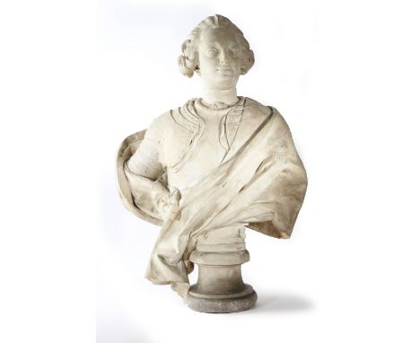 After Jacques Saly (French 1717-1776). A large patinated plaster portrait bust of Frederick V of Denmark, signed in the cast 