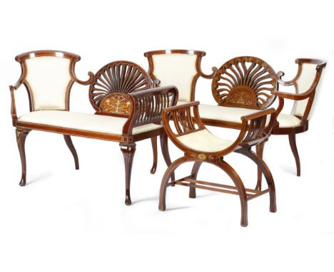 λ Two similar Edwardian mahogany and marquetry small settees, inlaid with ivory and boxwood with urns of scrolling leaves and