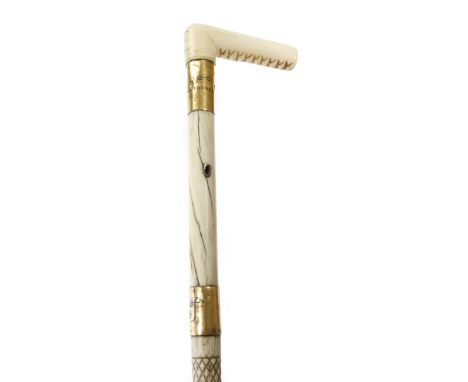 A 19th century sailor's whale bone and marine ivory walking cane, with a gilt brass ferrule, inscribed 'J. B-S PYT HOUSE', wi