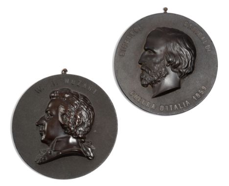 Two Victorian bois durci portrait relief rondels, of Wolfgang Amadeus Mozart, the other of Giuseppe Garibaldi, each titled an