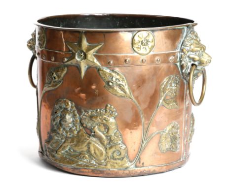 A late 19th century copper logbin, the riveted body with applied embossed brass decoration of a lion and serpents, leaves and
