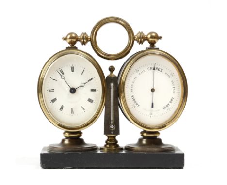 A Victorian gilt and patinated brass desk combination clock and barometer, the brass movement with a platform lever escapemen