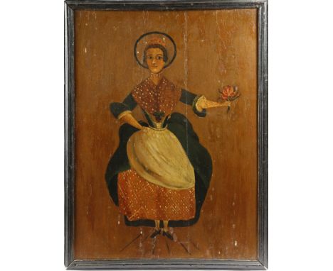 After Samuel de Wilde. A naive folk art oil on board portrait painting of Nancy Dawson, standing holding a flower, 52.9 x 38.
