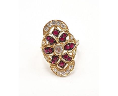 18ct yellow gold unusual ruby and diamond dress ring. Size N. 