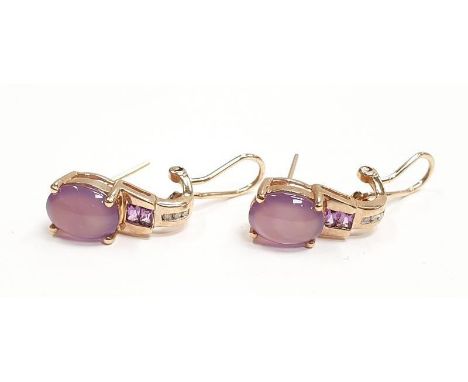 Pair of 10ct yellow gold amethyst and diamond earrings. 