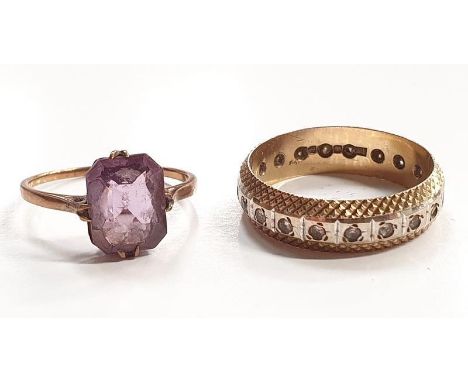 Antique set amethyst gold ring together with a gold and silver eternity ring. 