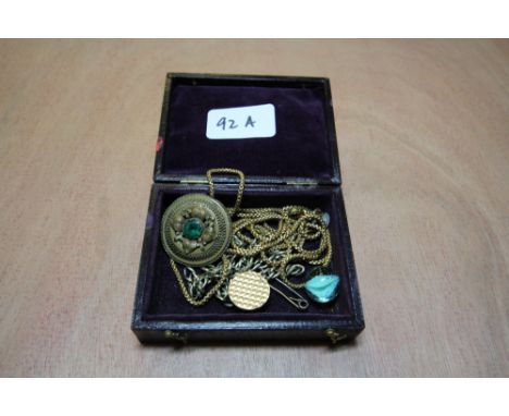 19th Century gold coloured metal muff chain and mixed items contained leather covered case