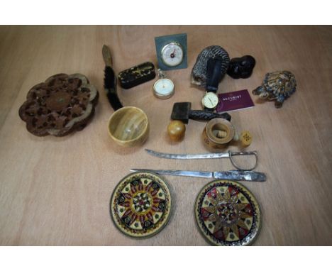 19th Century papier mache snuff box and mixed items