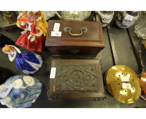 19th Century papier mache casket of medieval design and Georgian mahogany tea caddy (both A/F)