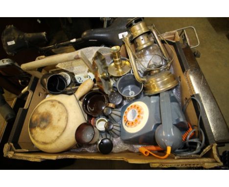 Box of misc inc paraffin lamp, brass candlestick, crockery, vintage telephone etc