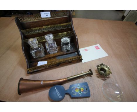 Copper Hunting Horn and Oak Inkstand